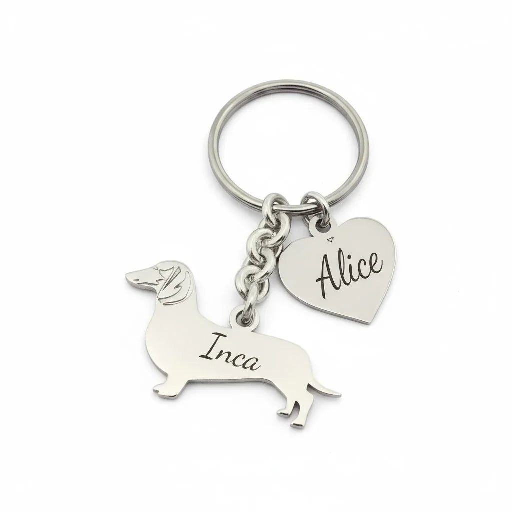 Portachiavi personalizzato in argento 925 a forma di bassotto con nome e cuore, Gemboutiquejewelry