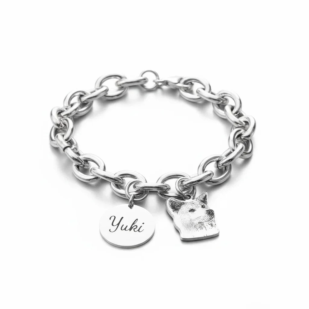 Bracciale in argento 925 con ciondoli personalizzati cane e nome Yuki, Gemboutiquejewelry.