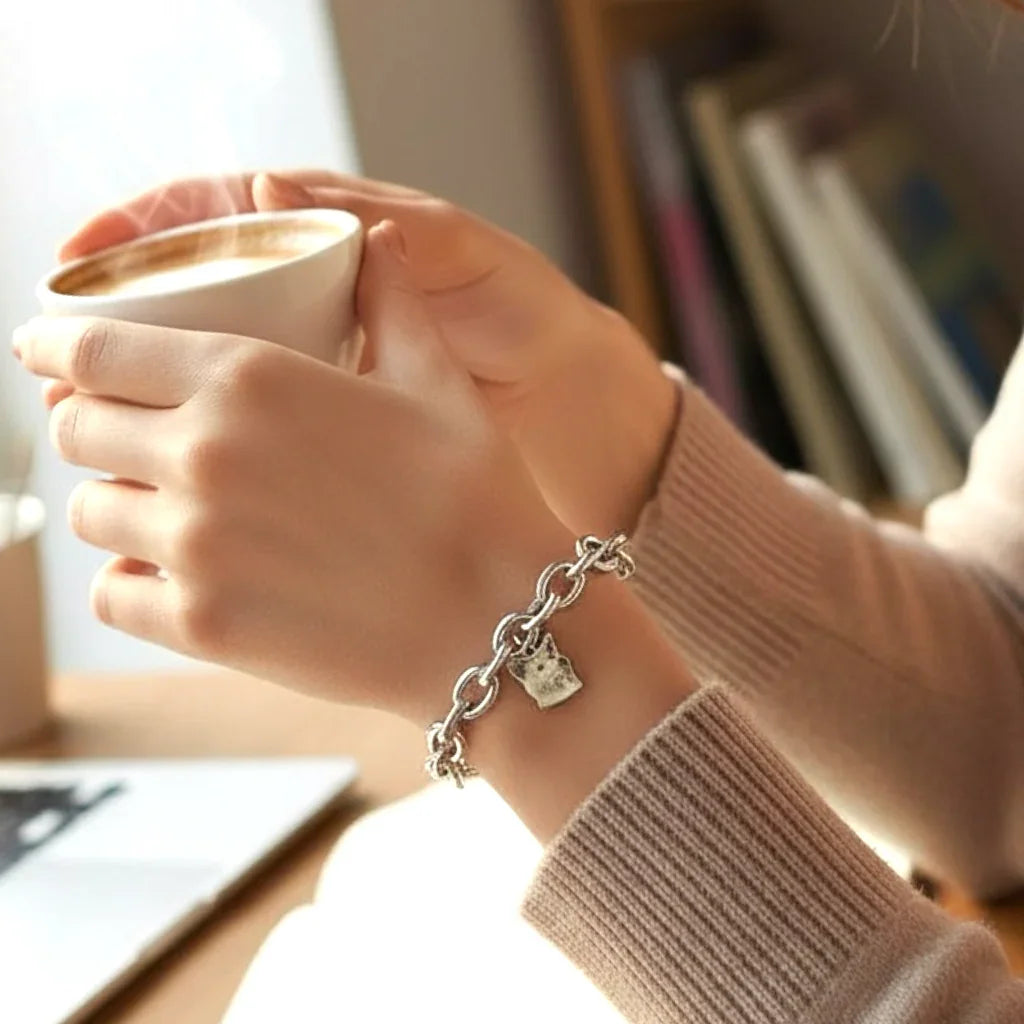 Bracciale personalizzato in argento 925 con ciondolo a forma di gatto, Gemboutiquejewelry.