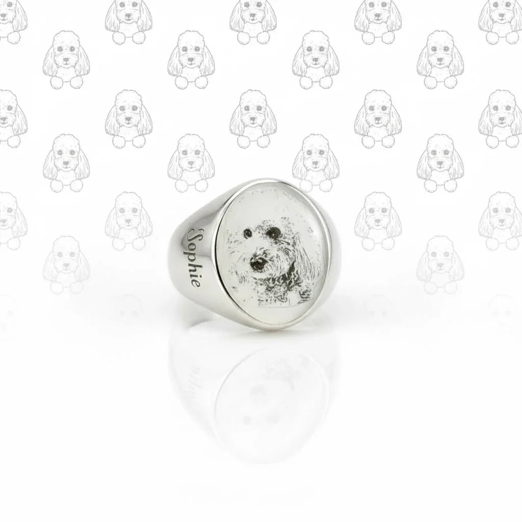 Anello personalizzato argento 925 con incisione cane, sfondo disegni cani, Gemboutiquejewelry