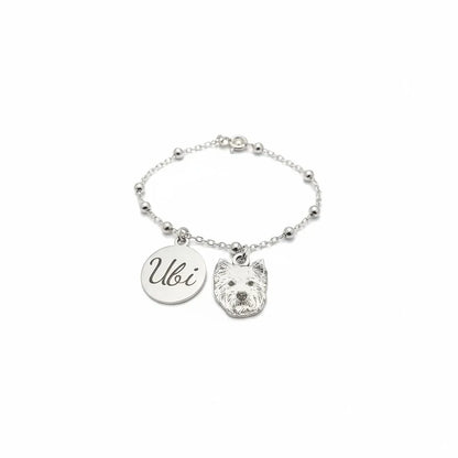 Bracciale in argento 925 con ciondolo cane personalizzato e nome Ubi, Gemboutiquejewelry