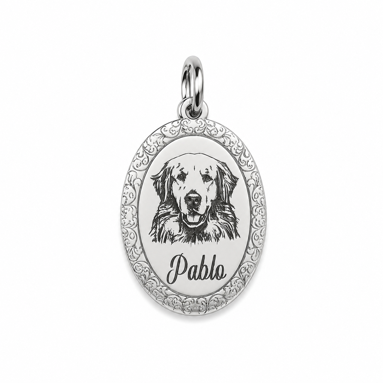 Ciondolo ovale, in argento 925 con inciso il bellissimo musetto di Pablo, personalizza il tuo! 