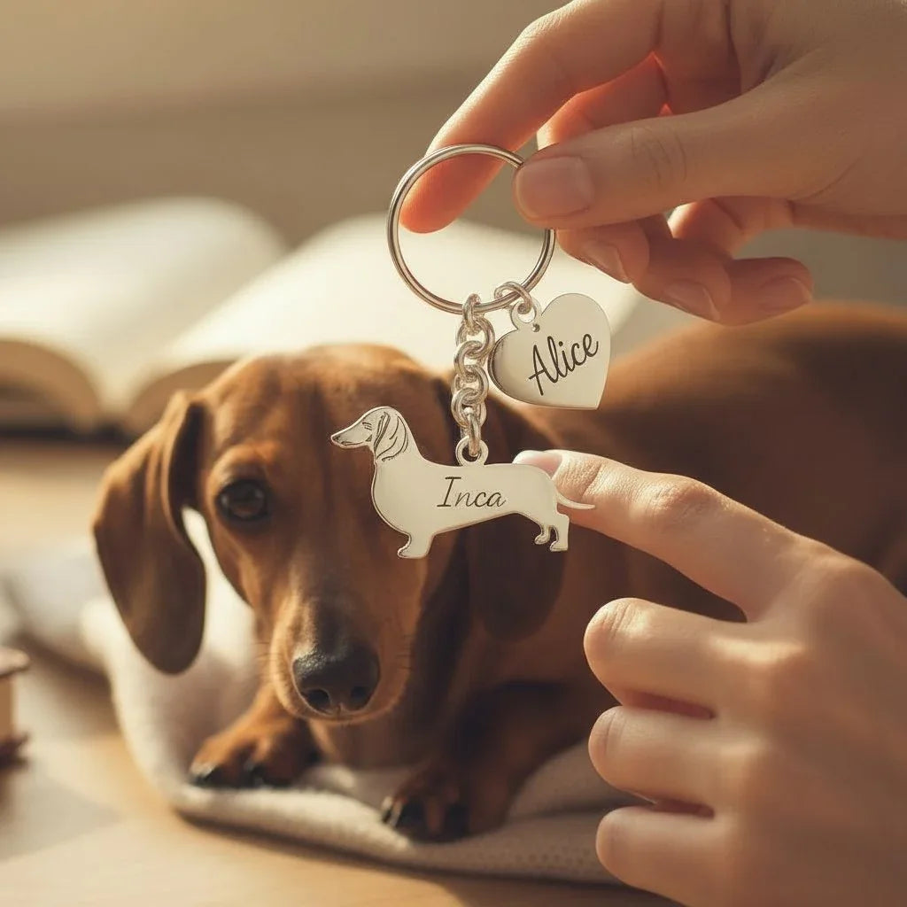 Portachiavi personalizzato in argento a forma di bassotto, con cane vero sullo sfondo